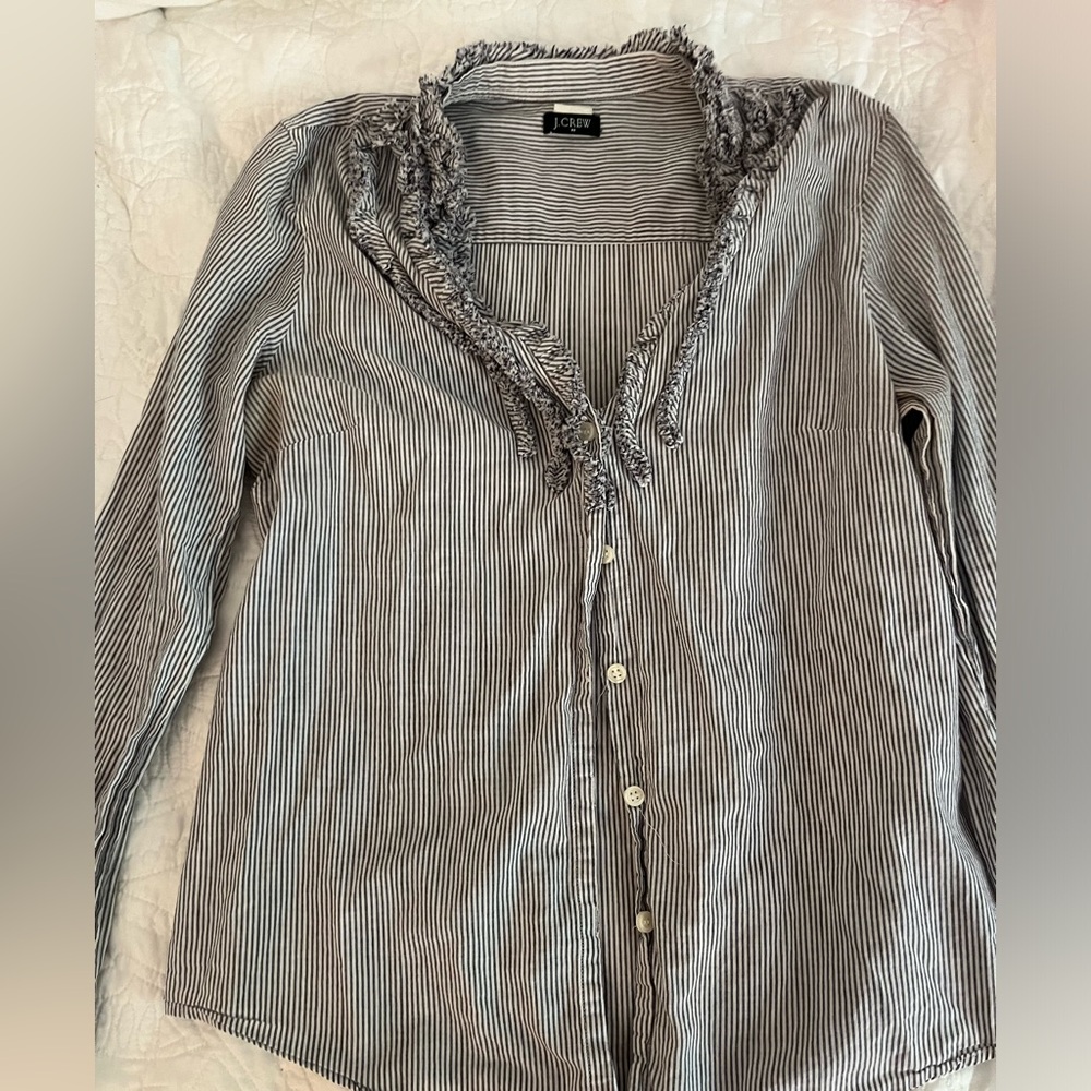 J.Crew ruffle front button down, black and white stripe